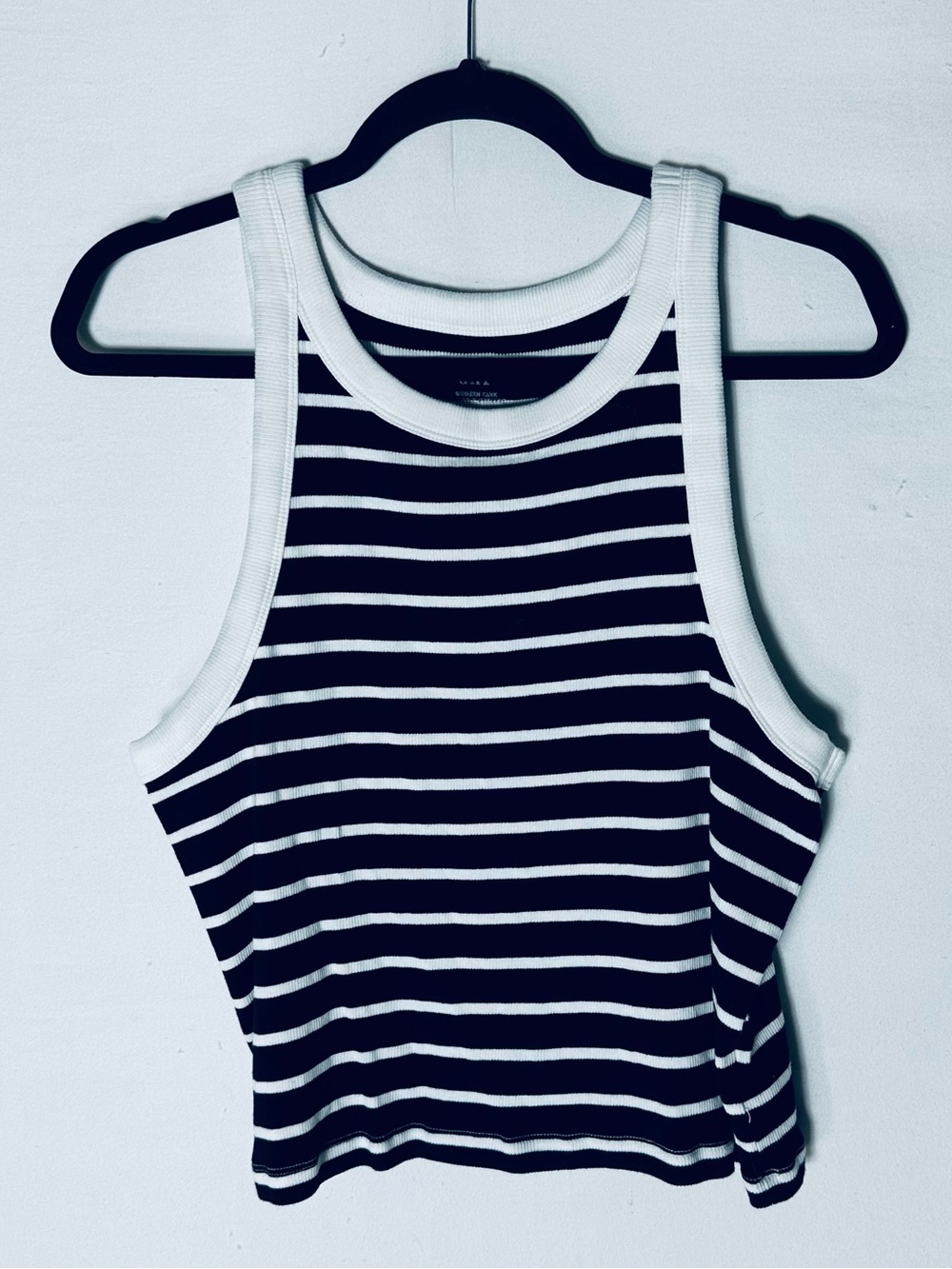 Gap Black White Striped Ribbed Cotton Blend High Neck Cropped Tank Top XL